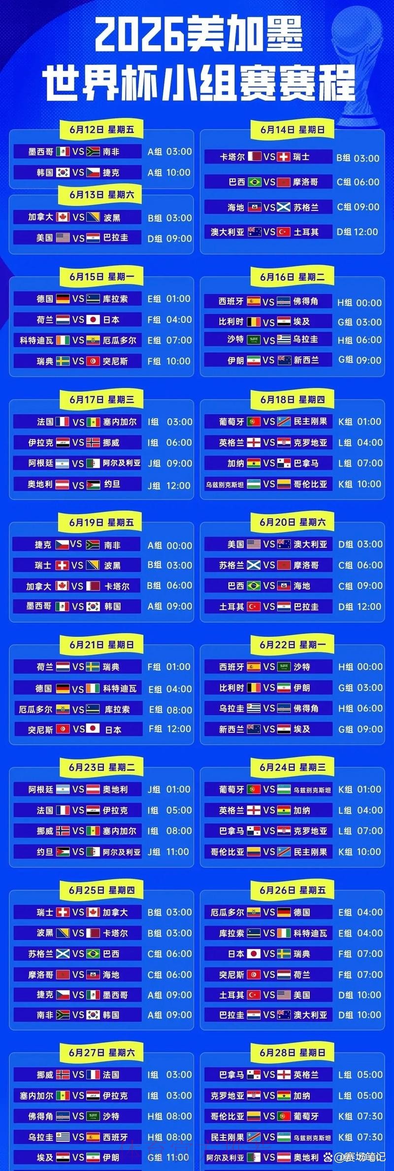 2026世界杯比赛完整时间表 2026世界杯比赛完整时间表